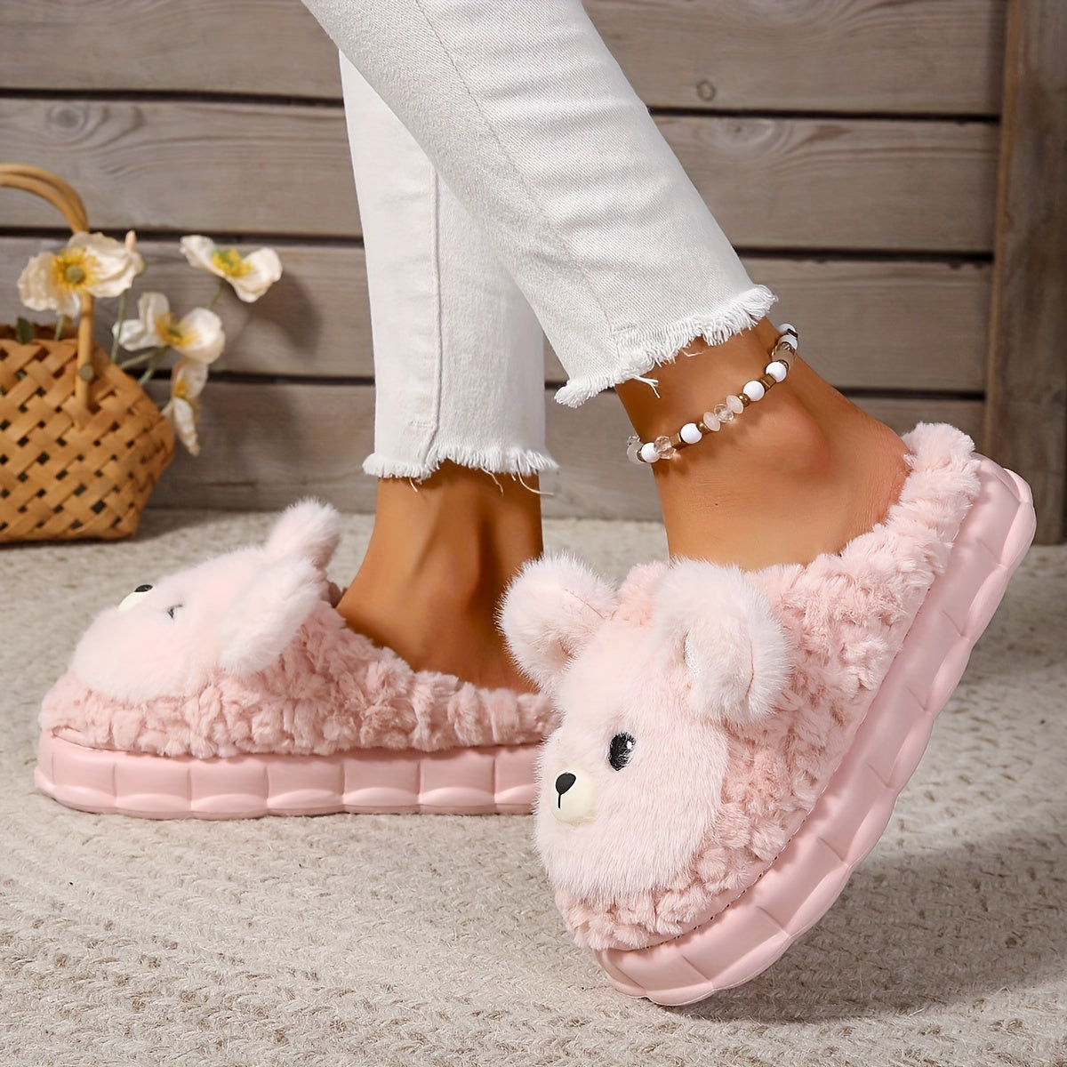 Ladies Cartoon Plush Lined Cozy Thick Sole Home Slippers, Honey Girl Style, Easy Slip-On, Cartoon Pattern, Winter Comfy Fabric Footwear with EVA Sole, European & Southeast Asia Special - Ruian Origin